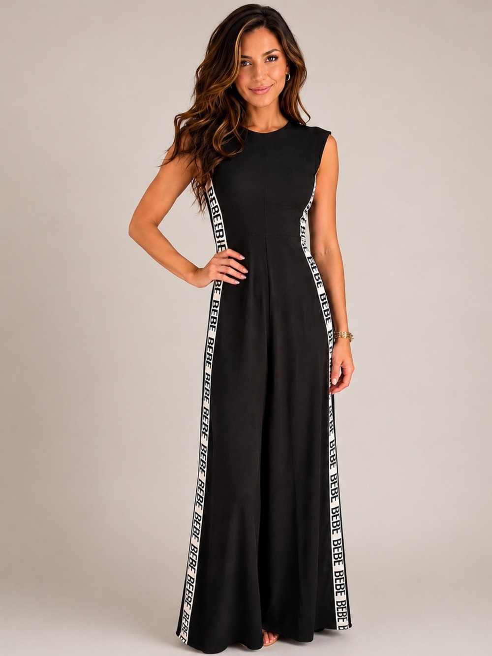 BEBE Black Maxi Jumpsuit Wide Leg Logo Side Stripes Size M
